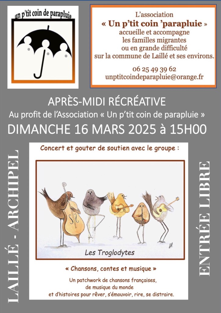 Une après-midi récréative est organisée au profit de l'assocation le dimanche 16 mars 2025 à 15h00 dans la salle de l'Archipel de Laillé. Au programme, concert du groupe Les Troglodytes et goûter de soutien !
Entrée Libre